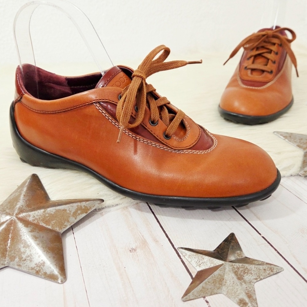 TOD'S Lace Up Driving Shoes Brown Leather Oxford Sneakers Patent Tods Size 6.5